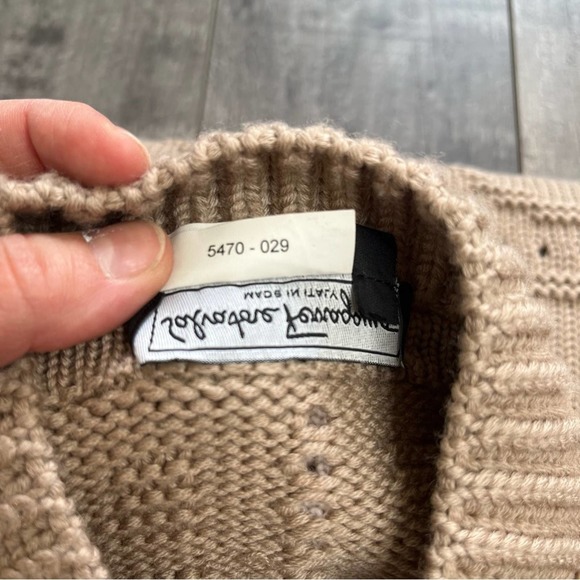 SALVATORE FERRAGAMO Tan Wool Gancini Poncho Sweater with Leather Trim M - Picture 5 of 8